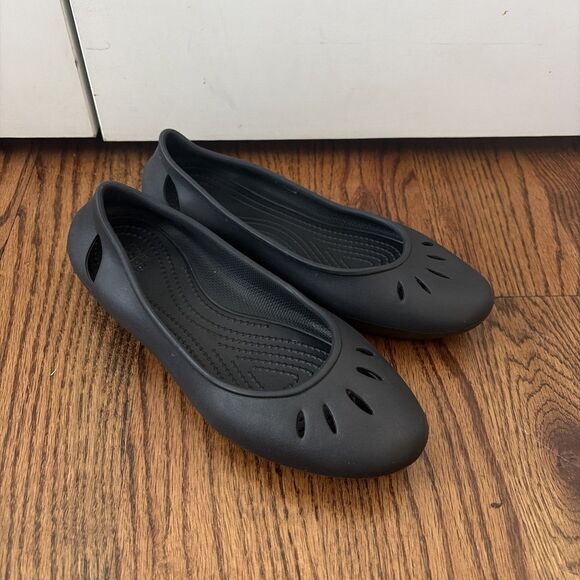 CROCS Shoes - CROCS Womens Kelli Ballet Flat Size 8 Black Rubber Slip On Shoe Casual Cutouts